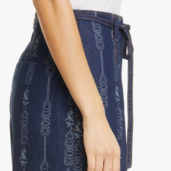 Tory Burch Gemini Jeans Jacquard Blue Denim Wide Leg Trousers 6 NWT (Orig. $355) - Picture 2 of 10